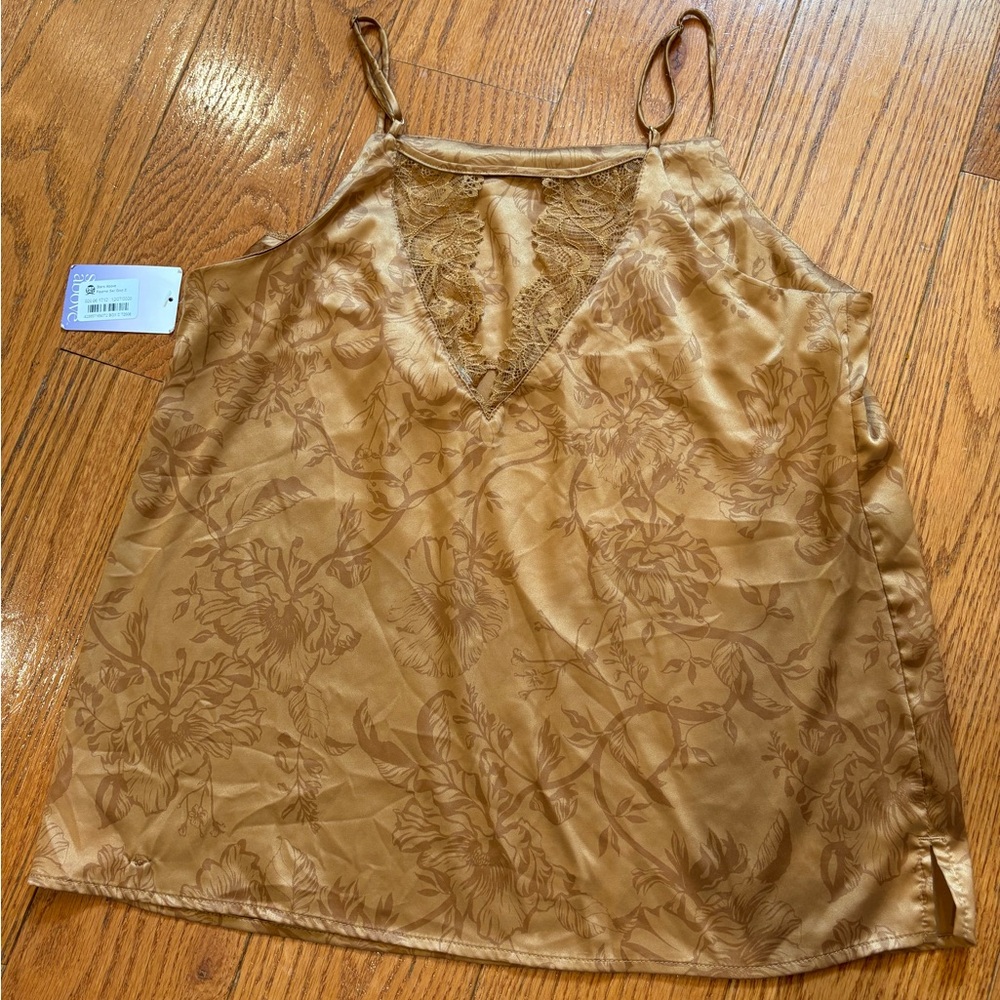 NWT Stars Above Silky Gold Tan Sleep Top Cami with Lace Detailing / S